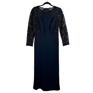 Tadashi Shoji Navy Blue Long Sleeve Lace Illusion Evening Gown Formal Sz 10